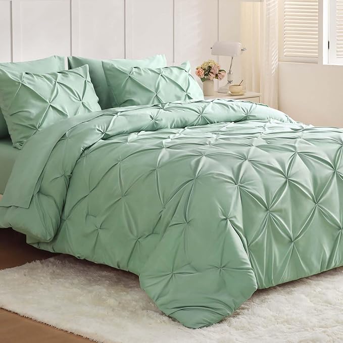 JOLLYVOGUE King Size Comforter Set 7 Pieces - Bed in a Bag King for All Season, Pintuck Bedding Comforter Sets with Comforter, Flat Sheet, Fitted Sheet and Pillowcases & Shams, Sage Green