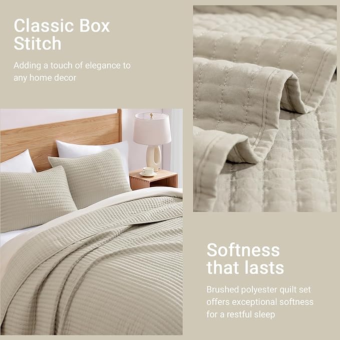 WRENSONGE King Size Quilt-3 Pieces Lightweight Bedspreads Light Oatmeal King Quilt Bedding Set for All Seasons, Soft Summer Coverlet with 2 Pillow Shams Suitable for Bed, Couch, Quilt Blanket