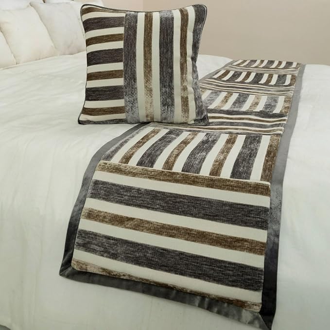 The HomeCentric King/Queen/Twin Beige & Grey Decorative CA King 86"x18" Bed Runner with Pillow Cover, Patchwork Bed Scarf on Velvet Fabric - Striation