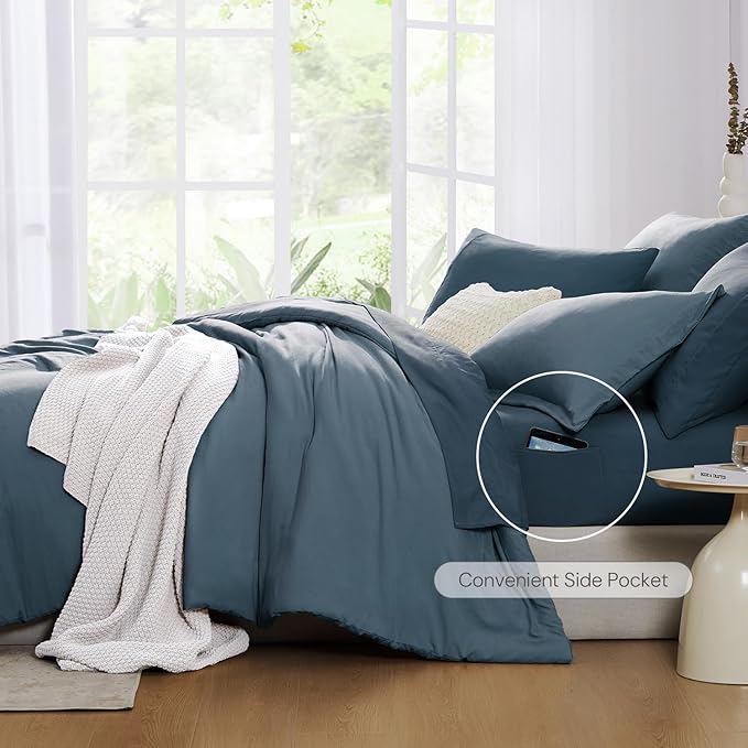 WRENSONGE Queen Comforter Set- 7 Pieces Soft Oxford Blue Bed in a Bag with Fitted Sheet, Flat Sheet, 2 Pillow Shams, and 2 Pillowcases- Warm Bedding Sets Queen for All Season
