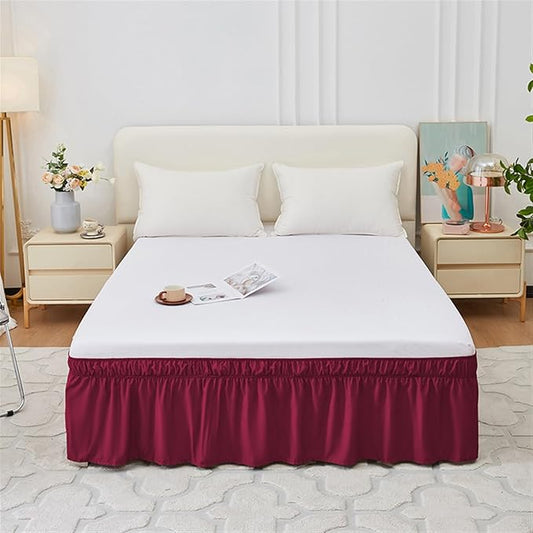 GIBZ Adjustable Wrap Around Ruffled Bed Skirt, Elastic Dust Ruffles Easy Fit Wrinkle & Fade Resistant, Machine Washable, Twin 16" Drop, Wine Red