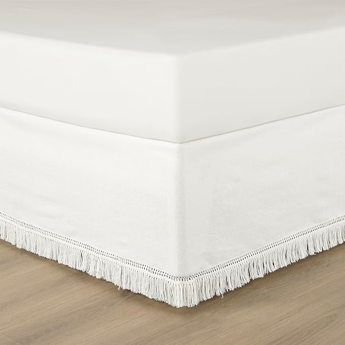 Lush Decor Boho Fringe 15-Inch Tailored Drop Easy Fit Bed Skirt Queen Size Single 60" W x 80" L +15" Pure White - Queen Bed Skirt - Wrap Around Bed Skirt
