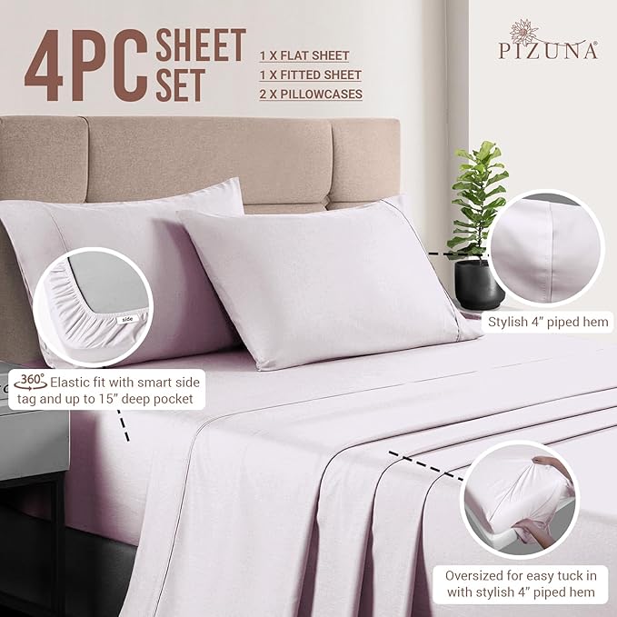 Pizuna Pure 100% Cotton Sheets RV Queen Size, Luxurious 400 Thread Count Long Staple Cotton Sateen Sheets RV Queen with 15" Deep Pocket (Combed Light Lilac Cotton Sheets RV Queen)