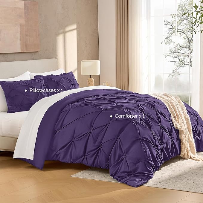 Andency Purple Comforter Twin(66x90Inch), 2 Pieces(1 Pintuck Comforter, 1 Pillowcase) Microfiber Pinch Pleat Comforter Set Twin Size, Lightweight and Soft Bedding Comforter Set