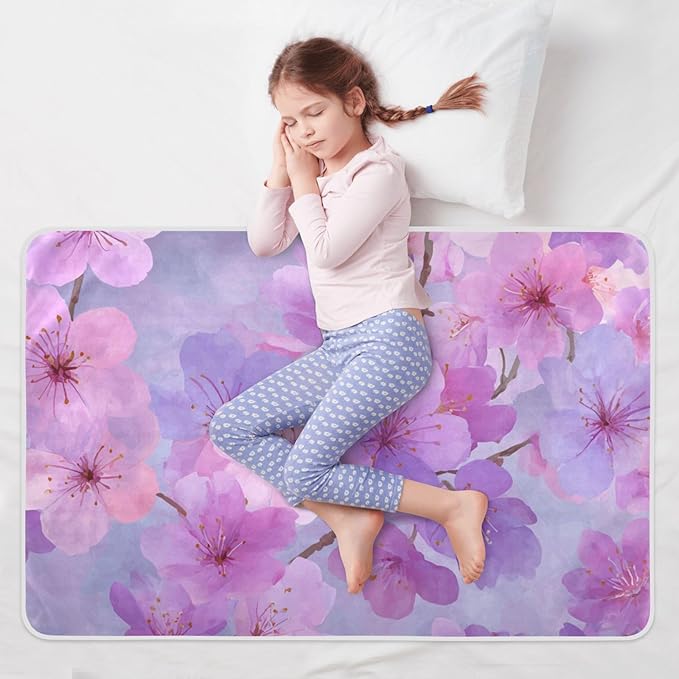 Waterproof Bed Pad Reusable Changing Pad Toddler Mattress Protector Large Pee Pad Baby Diaper Pad Soft Washable Liner Pink Purple Cherry Blossom