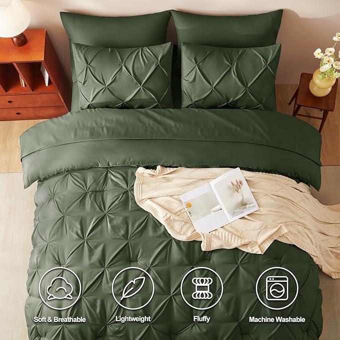 CozyLux California King Comforter Set Olive Green - 7 Pieces Cal King Pintuck Bed in A Bag Gift for Family, Pinch Pleat Bedding Sets with All Season Comforter, Sheets, Pillowcases & Shams