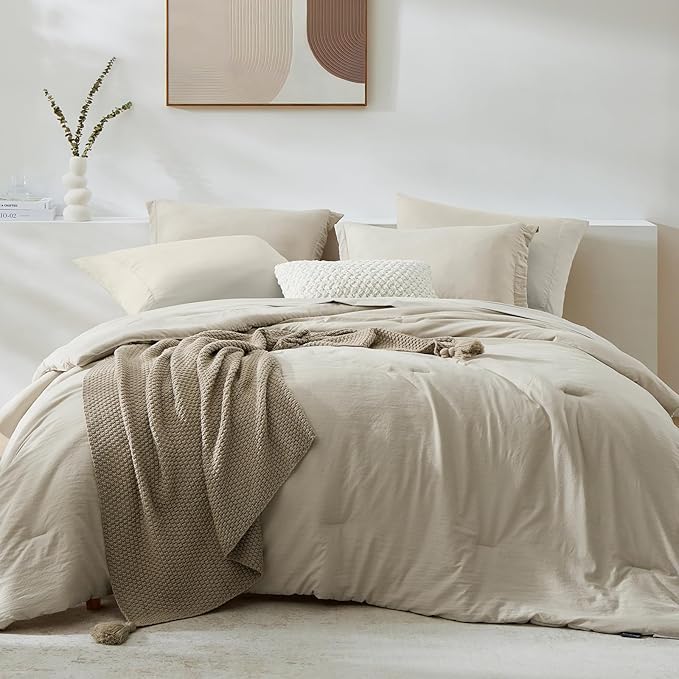 WRENSONGE Light Oatmeal Super King Plus Comforter Set, 7 Pieces Soft Microfiber Comforters with Fitted Sheet, Flat Sheet, 2 Pillow Shams, and 2 Pillowcases- Warm Bedding Sets for All Season