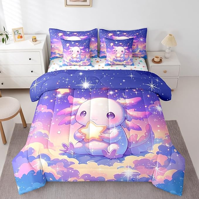 Feelyou Kids Cute Axolotl Bed in A Bag Queen Size, Galaxy 7 Pieces Bedding Set Boys Girls Cartoon Salamander Comforter Set with Sheets Kawaii Animal Teens Bed Set Bedroom Decor 7Pcs