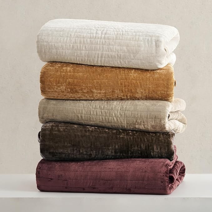 EVERGRACE Velvet Quilt Set Queen Size, Luxurious Soft Striped Channel Bedding Set, Lightweight Velvet Comforter for All Season, Oversized Bedspread Coverlet with 2 Matching Shams, Walnut Brown