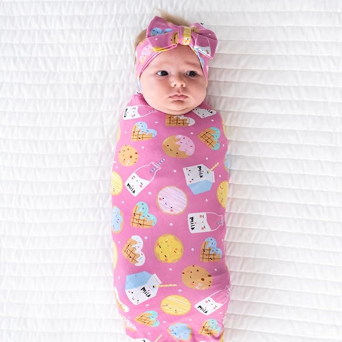 Little Sleepies Swaddle & Headband Bow Set, Viscose from Bamboo Baby Swaddles, Newborn Baby Girl Clothes (Luxe Pink Cookies & Milk)