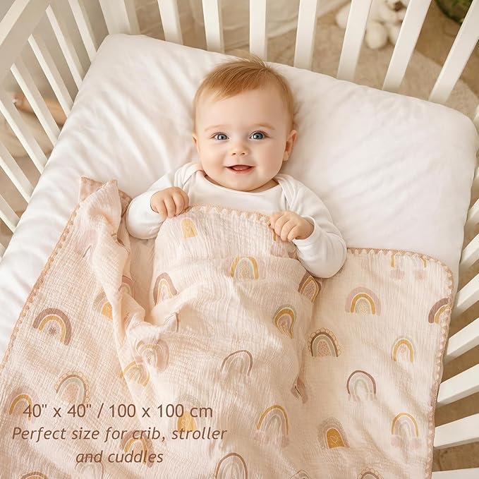 Baby Blanket with Dotted Double Layers Muslin Soft Swaddle Blanket Cotton Neutral Receiving Blankets for Toddler Baby Quilt Throw Blanket Bed Throw Blanket for Newborn Unisex 40x40 Inch-Rainbow