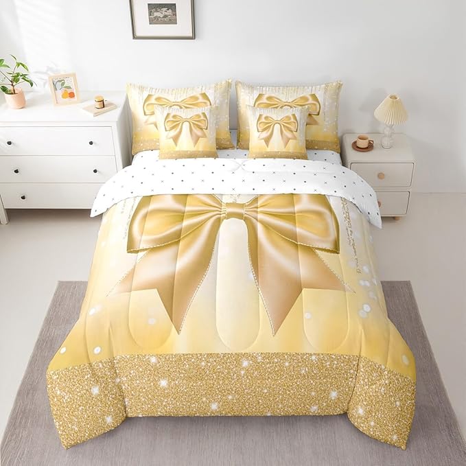 Feelyou Bowknot Comforter Set with Sheets 7 Piece Queen Size Dreamy Princess Bed in a Bag Kids Boys Girls Glitter Bedding Set Cute Bow Bedroom Decor Breathable Soft Lightweight Microfiber