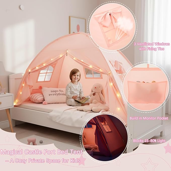 Akiky Bed Tent Bed Canopy Twin Size with Bottom,Kids Tent with Lights Portable Foldable Bunk Bed Curtains for Girls Boys (Pink, Twin)