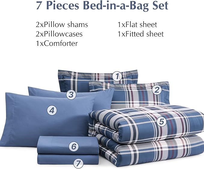 Plaid Queen Size Comforter Set Medium Blue, Bedding Set 7 Pieces for Boys Girls Teen, Lightweight All Season Bed in a Bag with Sheets, Pillowcases & Shams