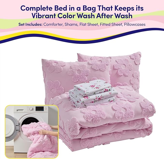 Kids Full Size Bed in a Bag Tufted Comforter & Sheet Set – Complete Bedding Set with Corner Strap Fitted Sheet, Ultra Soft Lightweight All Season Comforter, Girls Bedroom, Dorm, Guest Room