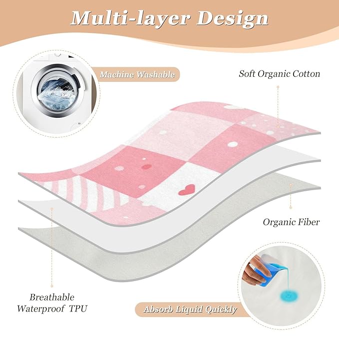 Waterproof Bed Pad Reusable Changing Pad Toddler Mattress Protector Large Pee Pad Baby Diaper Pad Soft Washable Liner Pink White Checkered Plaid Hearts Stripes
