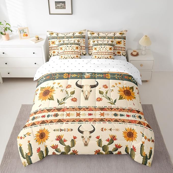 Feelyou Rustic Western Comforter Set Queen Size Bull Skull Floral Printed Bedding Set for Kids Boys Girls Room Decor Vintage Sunflower Farmhouse Comforter Geometric Western Boho Quilt Set