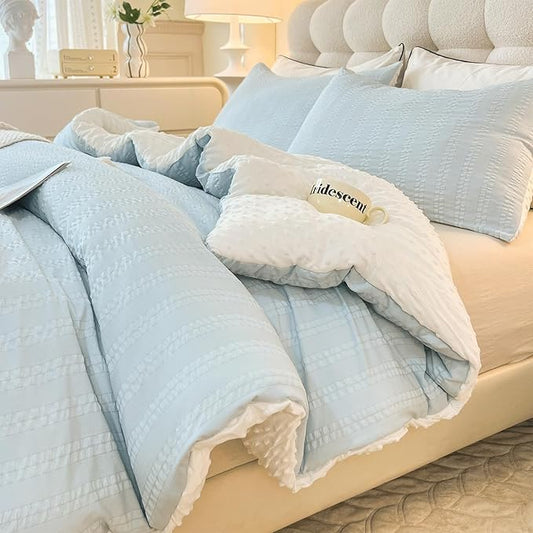 Boho Comforter Set Twin Size Striped Pleats Bohemian Seersucker Bedding Set All Season Soft Cozy 2 Pieces Quilt with 1 Pillowcase(68"X90" Light Blue)