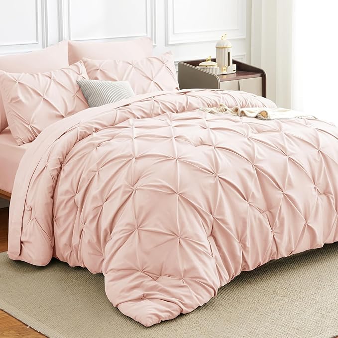 Full Comforter Set Blush Pink, 7 Pieces Pintuck Bed in A Bag Full Size Bedding, Soft Bed Set All Season Pinch Pleat Comforter Set with Sheets, Pillowcases & Shams