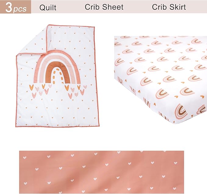 Cokouchyi 3 Piece Rainbow Boho Crib Bedding Set - Standard Size Nursery Bedding for Boys and Girls with Crib Sheet, Comforter & Crib Skirt