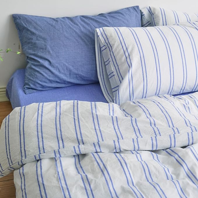 LifeTB Striped Duvet Cover Set Queen, 3 Pieces Blue Stripes Pattern Printed Comforter Cover, 100% Washed Cotton Retro Striped Bedding Set, Comfy Soft Cotton Breathable Duvet Cover Queen Size