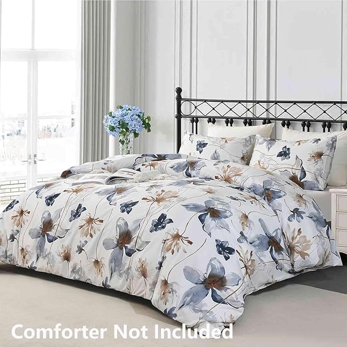 Nanko Blue Floral Duvet Cover Set King Size, Beige Tan Flower Leaf Print Pattern, Soft Microfiber Reversible Comforter Bedding Cover with Zip Ties - Spring Farmhouse for Women Men, 3 Pcs 104 x 90
