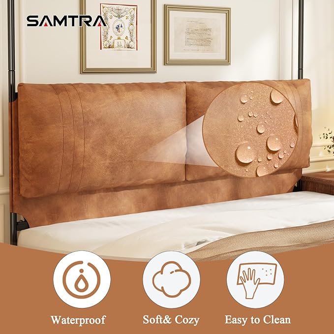 Modern Canopy Bed Frame with Upholstered Faux Leather Headboard – Tall Four Poster Metal Platform Bed, No Box Spring Needed, King Size, Brown and Black