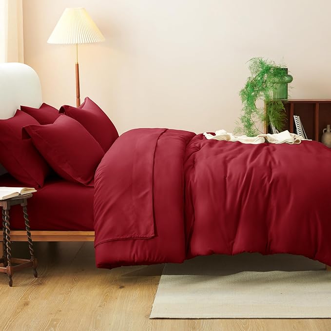 CozyLux Queen Comforter Set Dark Red, 7 Pieces Bed in a Bag Queen Size Comforter Set with Sheets, Bedding Sets with Down Alternative Comforter, Fitted Sheets, Flat Sheets, Pillow Shams and Pillowcases
