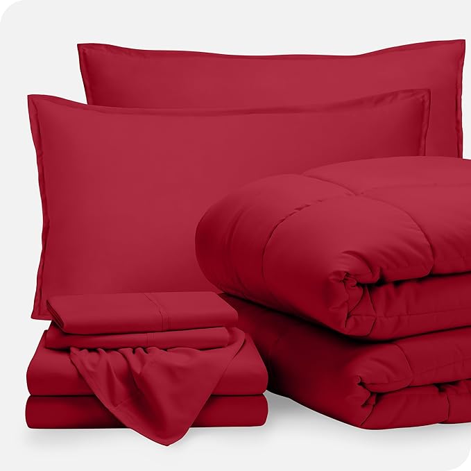 Bare Home Bed-in-A-Bag 7 Piece Comforter & Sheet Set - Full XL - Goose Down Alternative - Ultra-Soft 1800 Premium Bed Set (Full XL, Red/Red)