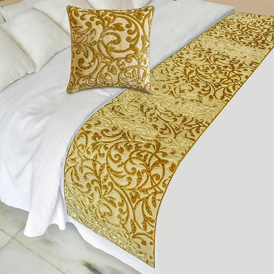 The HomeCentric King/Queen/Twin Beige Gold Decorative Bed Runner King 90"x18" Bed Runner Without Pillow Cover, Cut Velvet, Beaded Bed Scarf on Velvet Fabric - Serene Symphony