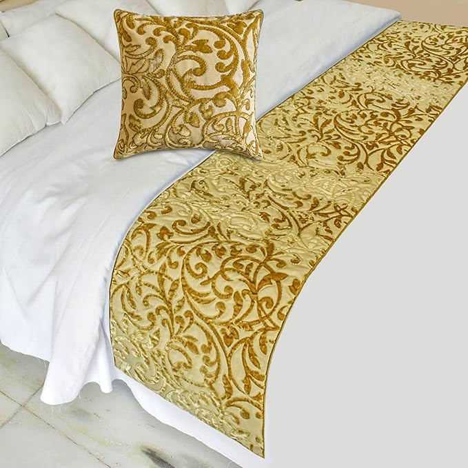 The HomeCentric King/Queen/Twin Beige Gold Decorative Bed Runner Queen 74"x18" Bed Runner with Two Pillow Cover, Cut Velvet, Beaded Bed Scarf on Velvet Fabric - Serene Symphony