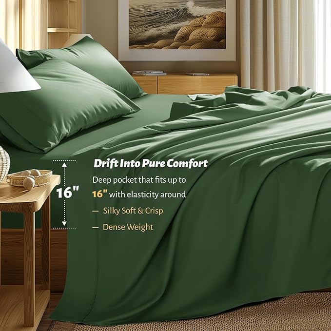 Shilucheng 100% Egyptian Cotton King Size Sheets Set - 1000 Thread Count，Luxury Cotton Bed Sheets，Breathable & Cooling Bedding and Pillow Cases, 16 Inch Deep Pocket - 4 Piece(Olive Green,King)