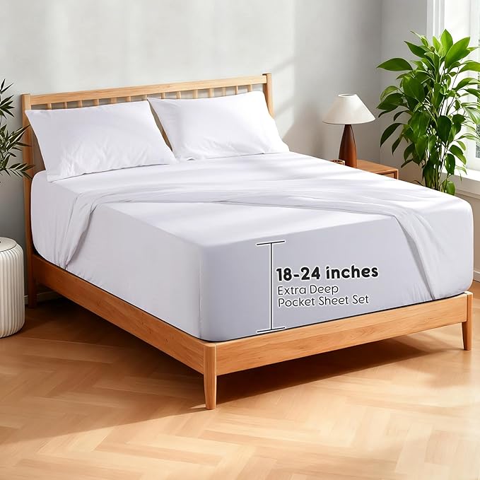 SONORO KATE 100% French Pure Linen Sheets, Extra Deep Pocket up to 18"-24", Breathable and Durable Linen Sheets, Anti-Tear Linen Bed Sheets, Machine Washable - 4 Piece (White, Queen(24" deep))