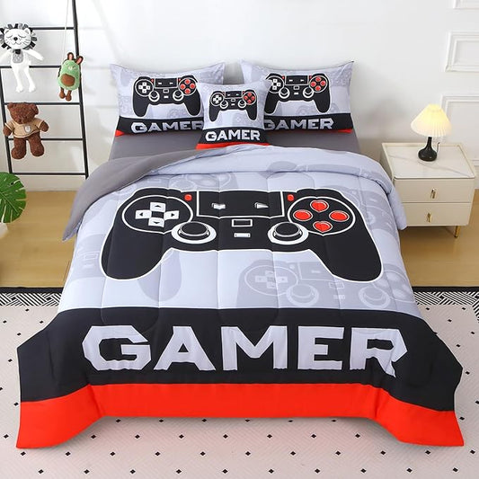 JQinHome Queen Gamer Comforter Sets for Boys,6 Piece Bed in A Bag 3D Video Gamer Bedding -All Season Microfiber Gaming Bedding Set for Kids, with Sheet Sets(Cyber Red)
