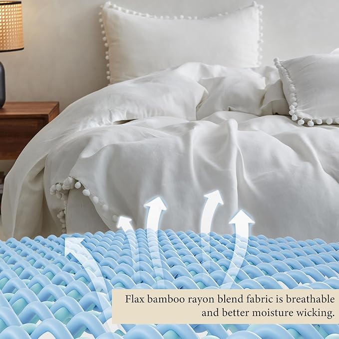 Simple&Opulence French Linen Blended Duvet Cover Queen, Flax Viscose Derived from Bamboo Bedding Set with Pom Pom Trim Soft Cooling for Hot Sleepers, 1 Boho Comforter Cover and 2 Pillow Shams, White