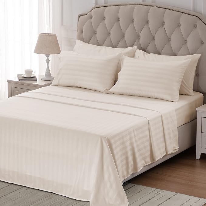 SLEEP ZONE Striped Cooling Sheets Set King Size - Fitted Flat Sheet & Pillowcase Sets 4 Piece - Super Soft Stripe Bed Sheet, Easy Care, Deep Pocket (Beige, King)