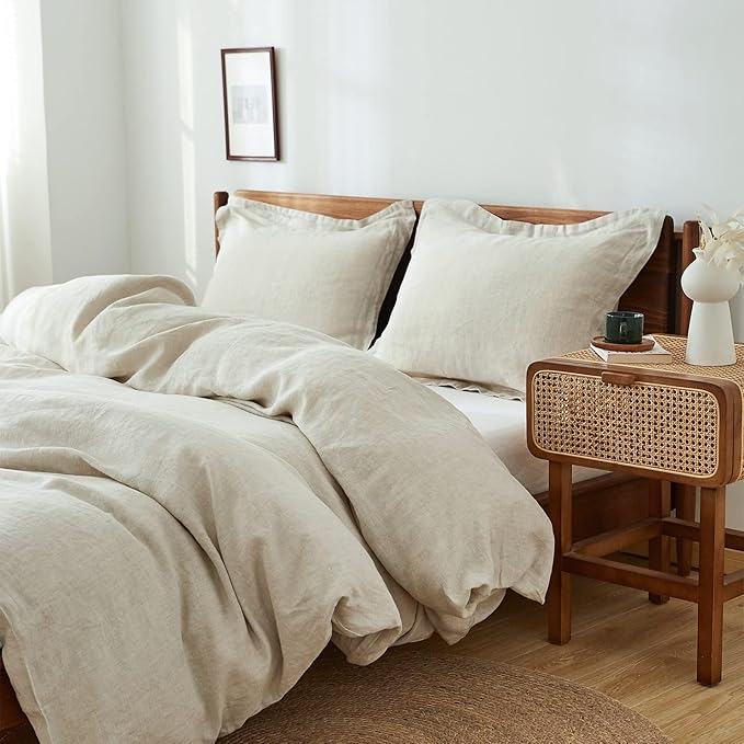 Simple&Opulence 100% Linen Duvet Cover Set, 3 PCS Natural French Flax Linen Duvet Cover Queen Size, Breathable Soft Comfy Linen Bedding Comforter Cover with 2 Pillowcases(Linen, 88"x92")