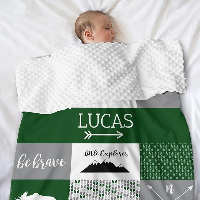 Personalized Baby Blankets for Boys, Baby Blanket for Boys with Name, Soft Plush Receiving for Newborns - Essential Baby Items, Woodland Bear Forest Green 35x45 Inches