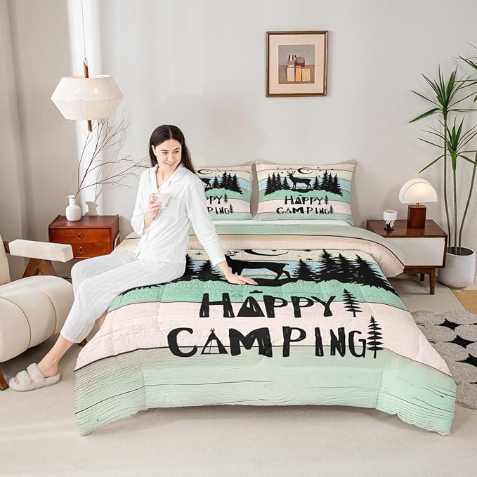 Kids Happy Camping Comforter Set King,Cute Deer Camper Bedding Set Rustic Farmhouse Woodland Animal Comforter for Boys Girls Old Barn Door Quilted Duvet Star Moon Pine Tree Decor 3 Pcs Black Green
