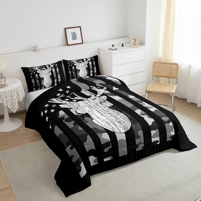 American Flag Bedding Set Deer Camo Comforter Set Queen For Kids Boys Teen Man,Western Rustic Black Grey Military Camouflage Bedding Comforters Hunting Deer Antlers Quilt Duvet For All Season 3 Pcs