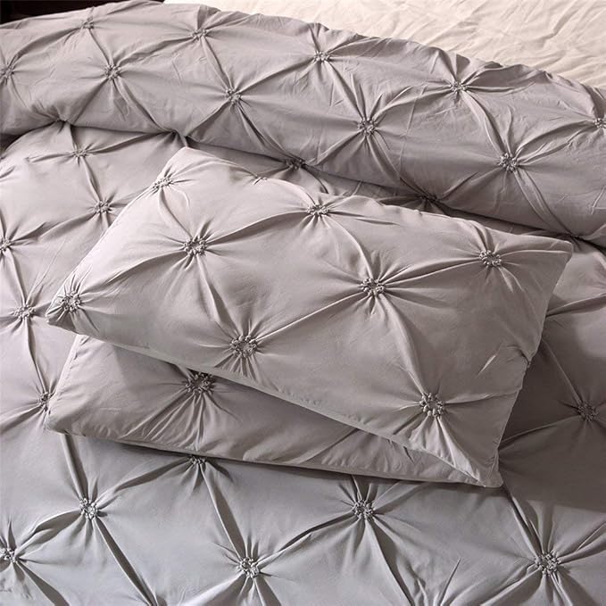 Feelyou Pinch Pleated Duvet Cover Sets Twin, Grey Soft Luxury Pintuck Tufted Polyester Bedding Set with 1 Pillow Shams, Decorative Solid Geometric Comforter Cover Zipper,2 Pcs