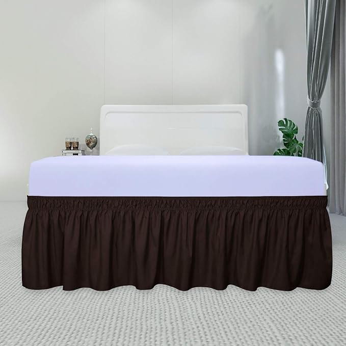 PureFit Wrap Around Ruffled Bed Skirt with Adjustable Elastic Belt - 18 Inch Drop Easy to Put On, Wrinkle Free Bedskirt Dust Ruffles, Bed Frame Cover for Queen, King and C-King Size Beds, Chocolate