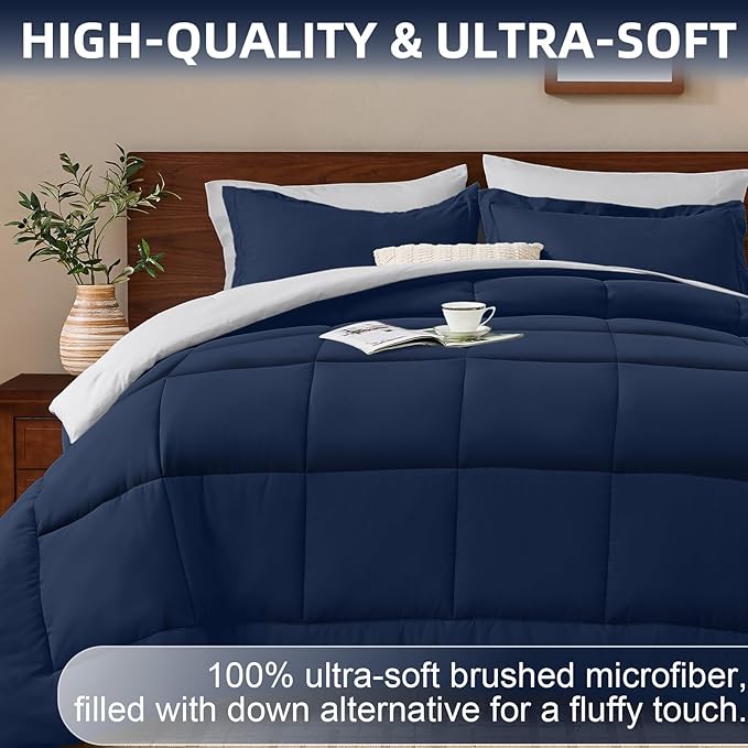 FUANNA King Size Comforter Set 7 Pieces, Reversible Bedding Sets with All Season Soft Comforter, Bed in a Bag Includes Comforter, Flat Sheet, Fitted Sheet, Pillowcases & Shams, Navy Blue & Light Grey