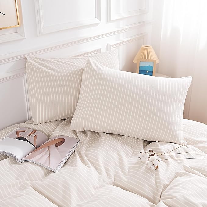 NEXHOME PRO Striped Duvet Cover Oversized King,100% Washed Cotton Bedding Set,Textured Linen Feel,Breathable,Organic,3 Piece(White Stripes 120x98)
