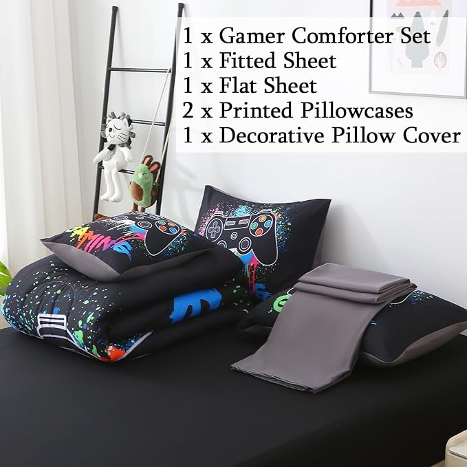 JQinHome Queen Gamer Comforter Sets for Boys,6 Piece Bed in A Bag 3D Video Gamer Bedding -All Season Microfiber Gaming Bedding Set for Kids, with Sheet Sets (Black Gaming)