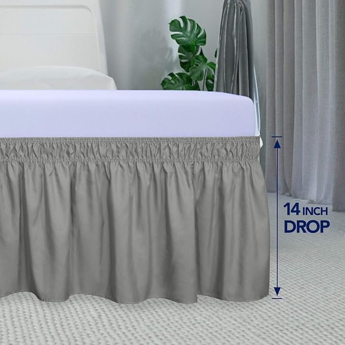PureFit Wrap Around Ruffled Bed Skirt with Adjustable Elastic Belt - 14 Inch Drop Easy to Put On, Wrinkle Free Bedskirt Dust Ruffles, Bed Frame Cover for Twin, Twin XL and Full Size Beds, Gray