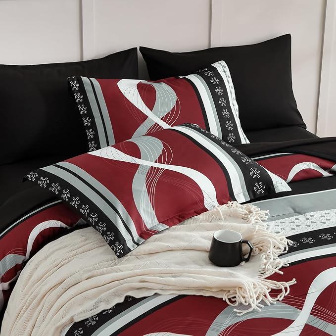 Burgundy Comforter Set Full Size,8 Pieces Striped Bed in a Bag,Patchwork Comforter with Sheets Set Soft Microfiber Boho Bedding Sets(78"×90")