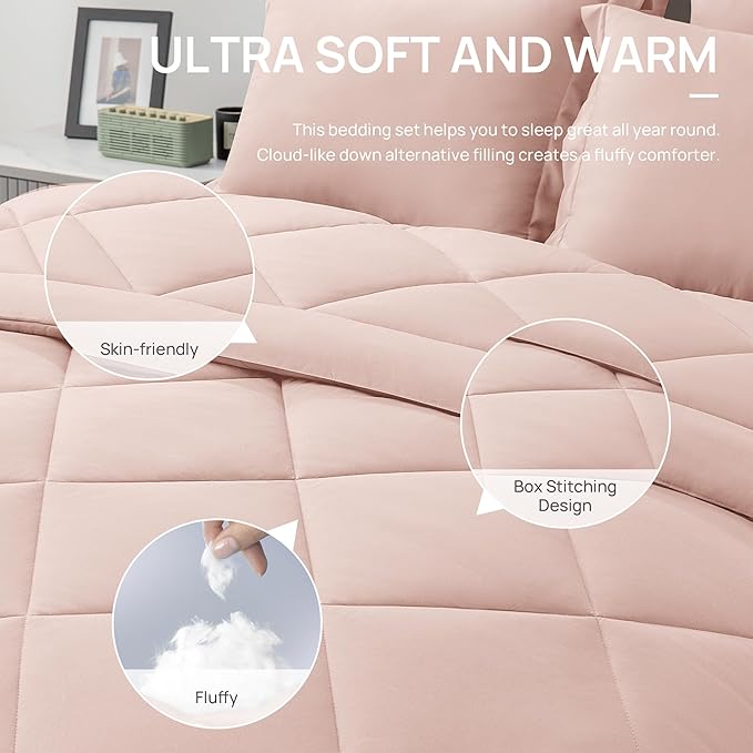 Love's cabin Full Comforter Set Pink, 7 Pieces Full Bed in a Bag, All Season Bedding Sets with 1 Comforter, 1 Flat Sheet, 1 Fitted Sheet, 2 Pillowcase and 2 Pillow Sham
