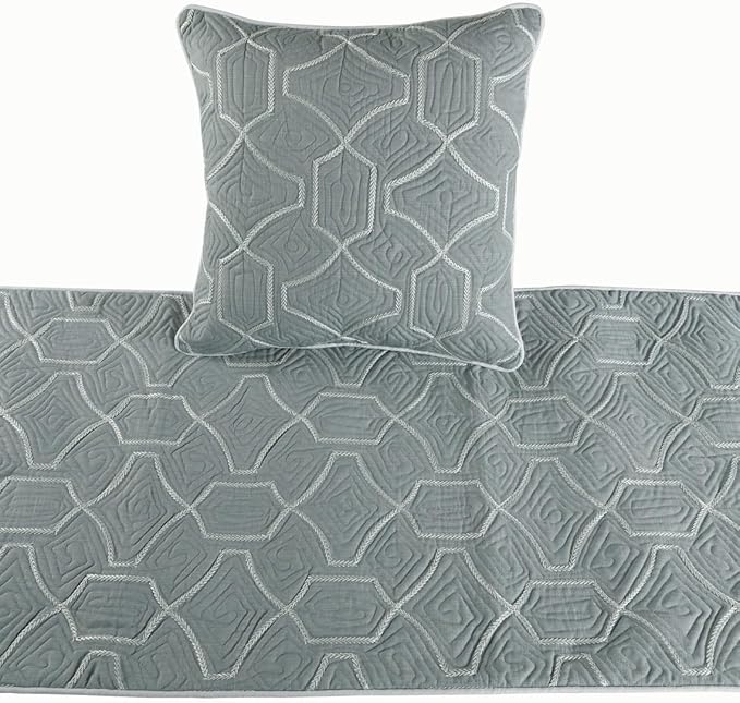 The HomeCentric King Queen Twin Grey Blue Bed Runner with Decorative Throw Pillow Cover, CA King Size 86"x18" Bed Runner with Pillow Cover, Linen Quilted Embroidery, Modern Contemporary - Atmosphere