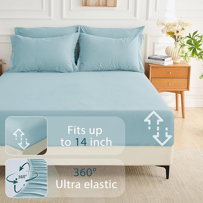 MUXHOMO 7 Pieces California King Comforter Set, Soft Bed in a Bag Cal King Size, All Season Bedding Set with Comforter, Flat Sheet, Fitted Sheet, Pillowcases & Shams, Lake Blue